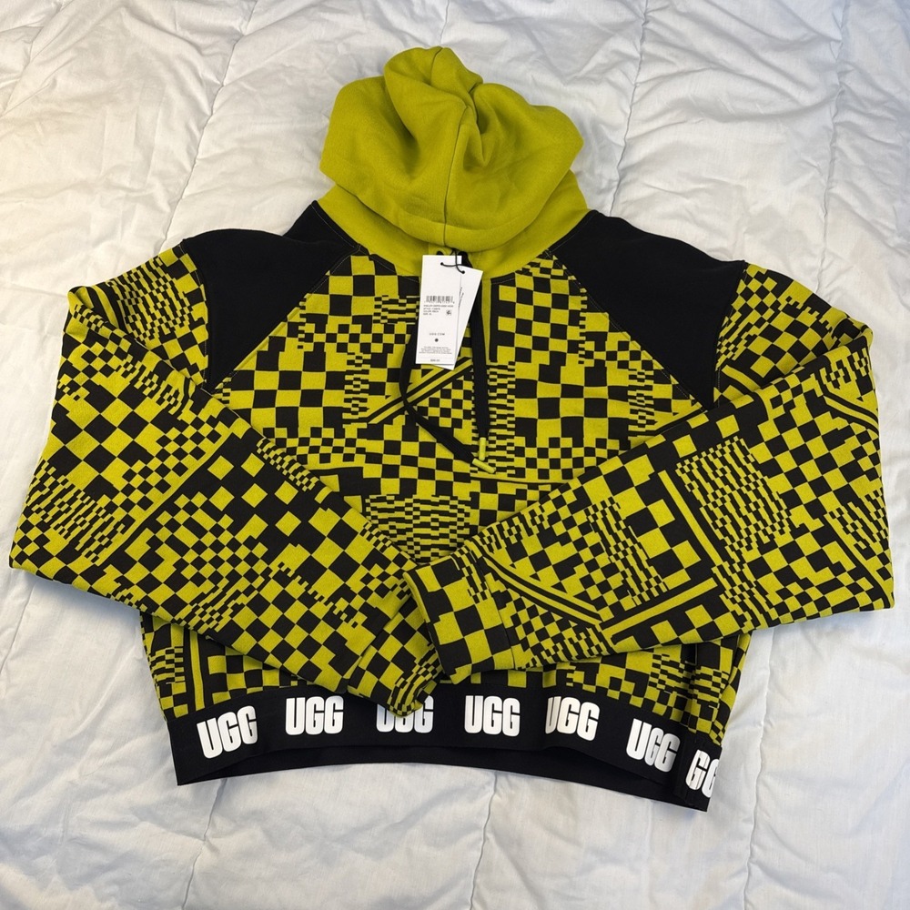 Uggs Mallory Cropped Black/Yellow Check Hoodie Sweatshirt Size XL Streetwear Y2K